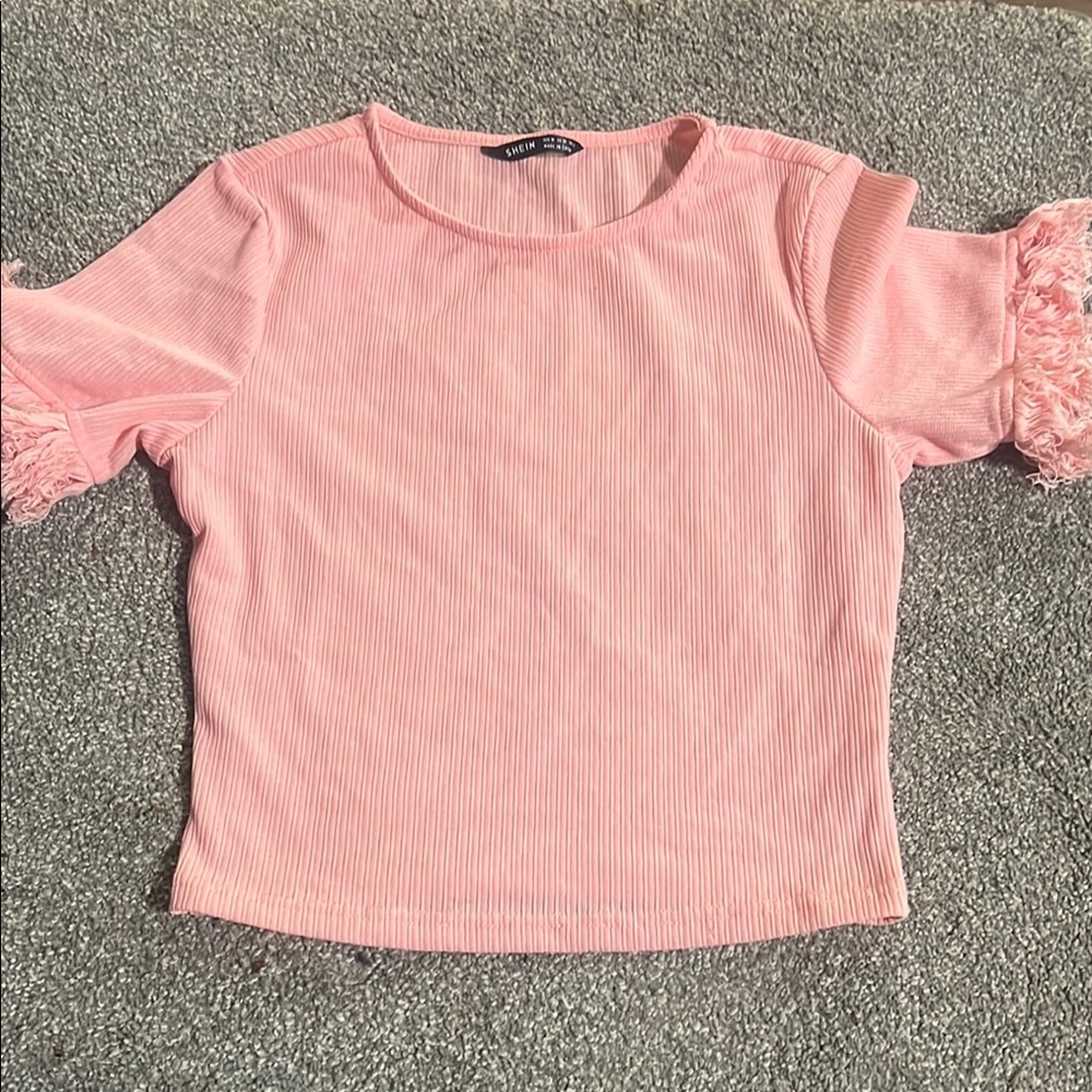 Pink Ribbed Top with Ruffle Sleeves SHEIN